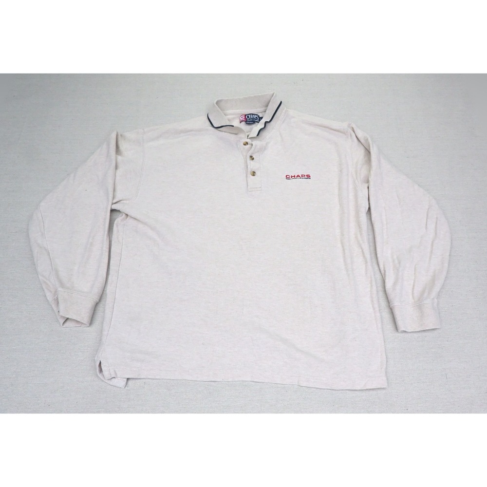 Chaps Ralph Lauren Vintage 90s Mens L Cotton Linen Polo Shirt Cream Long Sleeve
